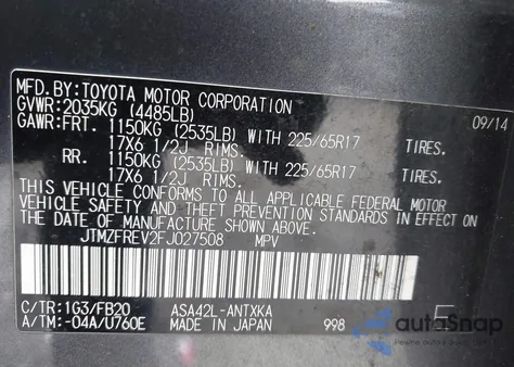 2015 Toyota Rav4 Le z USA, uszkodzony, nr VIN JTMZFREV2FJ027508